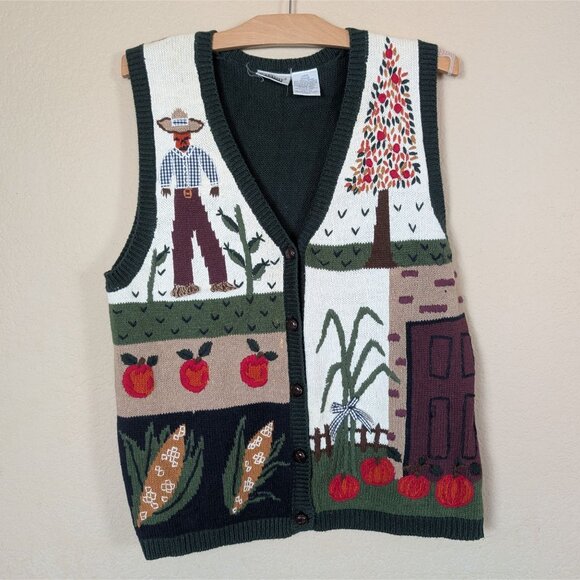 VTG 90s Capacity Sweater Vest Women's L Fall Harvest Pumpkin Thanksgiving - Picture 1 of 8